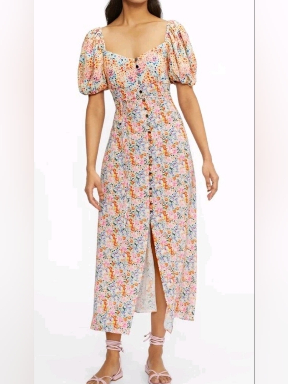 NWT Ted Baker Puff Sleeve Square Neck Midi Dress Creamtea Ted